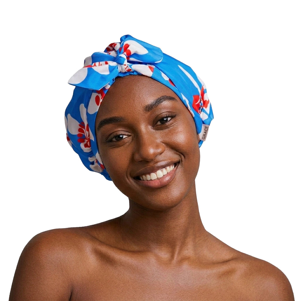 Model wearing Gramercy shower cap against a clean white background